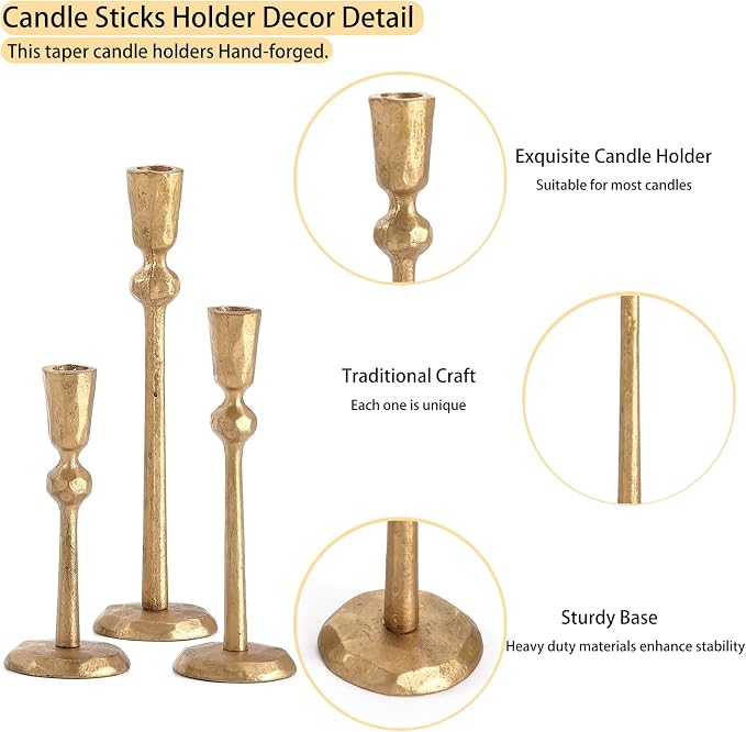 Gold Taper Candle Holders Set of 3, Heavy Candlestick Holders Decorative Candle Stand for Table Centerpiece, Cast Iron Candle Stick Holder Decor