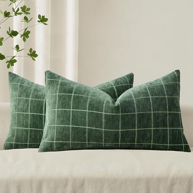 MIULEE Moss Green Plaid Decorative Throw Pillow Covers 12x20 Set of 2 | Vintage Check Chenille Couch Pillows Neutral Boho Farmhouse Cushion Covers Modern Home Decor for Sofa Bed Living Room