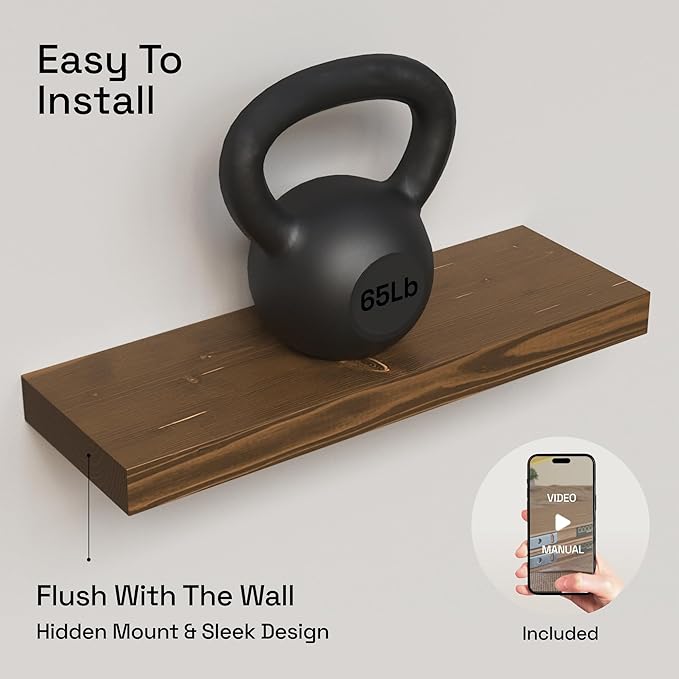 Solid Wood Floating Shelves for Wall 20 Inch Walnut, Wooden Bathroom Shelf | Real Wood, 20 Inches Wide, Heavy Duty, Wall Mounted, Kitchen Bedroom, Rustic Farmhouse, Walnut Finish, 20W × 6.7D, Set of 2