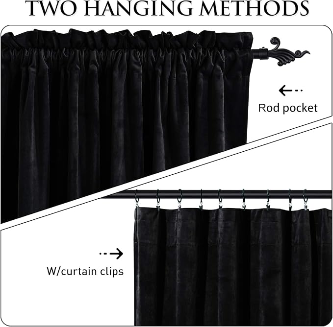 StangH Velvet Curtains 90 inches Long - Blackout Black Super Soft Rod Pocket Window Drapes Light Blocking Thermal Insulated Sliding Door Covering for Living Room, W52 x L90, 2 Panels