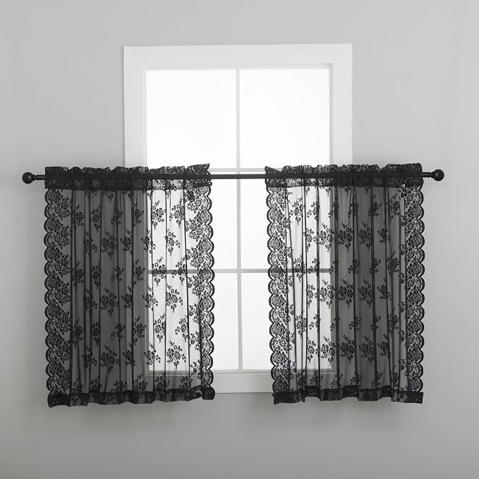 Kotile Black Lace Curtains Short 2 Panels Set, Country Rustic Floral Gothic Sheer Curtains 36 Inch Length for Kitchen Small Windows, Rod Pocket Priacy Sheer Goth Lace Café Curtains, Each 52 x 36 Inch
