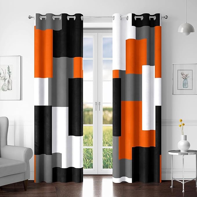 Tyrot Orange 100% Blackout Curtains for Bedroom 84 inch Length 2 Panels Set Black Grey Modern Abstract Geometric Black Out Curtains Insulated Room Darkening Window Drapes for Living Room, 52Wx84L