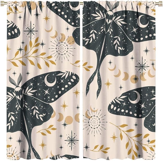 Witchy Curtains, Goth Curtains, Moth Decor, Star Curtains, Moth Curtains Darkening Curtains Botanical Curtains for Bedroom Living Room W63xL63 Inch