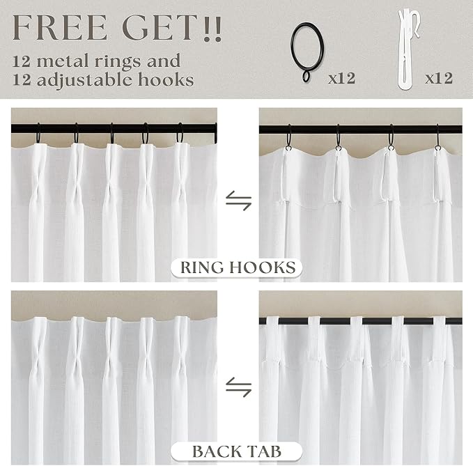 Extra Wide Pinch Pleated Linen Curtains 84 Inches Long 70 Inch Width for Living Room Bedroom Light Filtering Semi Sheer Pleat Window Curtain Boho Pinch Pleated Drape with Hooks Rings 1 Panel 70x84