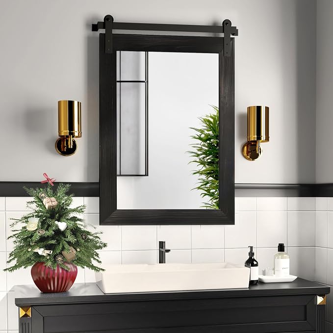 COGOOD Bathroom Mirrors for Over Sink - 22 x 30 Farmhouse Barn Door Wall Mirror for Bathroom, Living Room, Entryway Wall Decor Black
