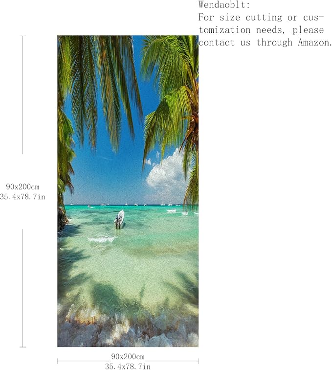 Tropical Window Film, Palm Paradise Privacy Static Cling, Seascape & Botanical Design, UV Blocking Removable Cover for Home Office Bathroom, Fern Green 90x200cm/35.4x78.7in
