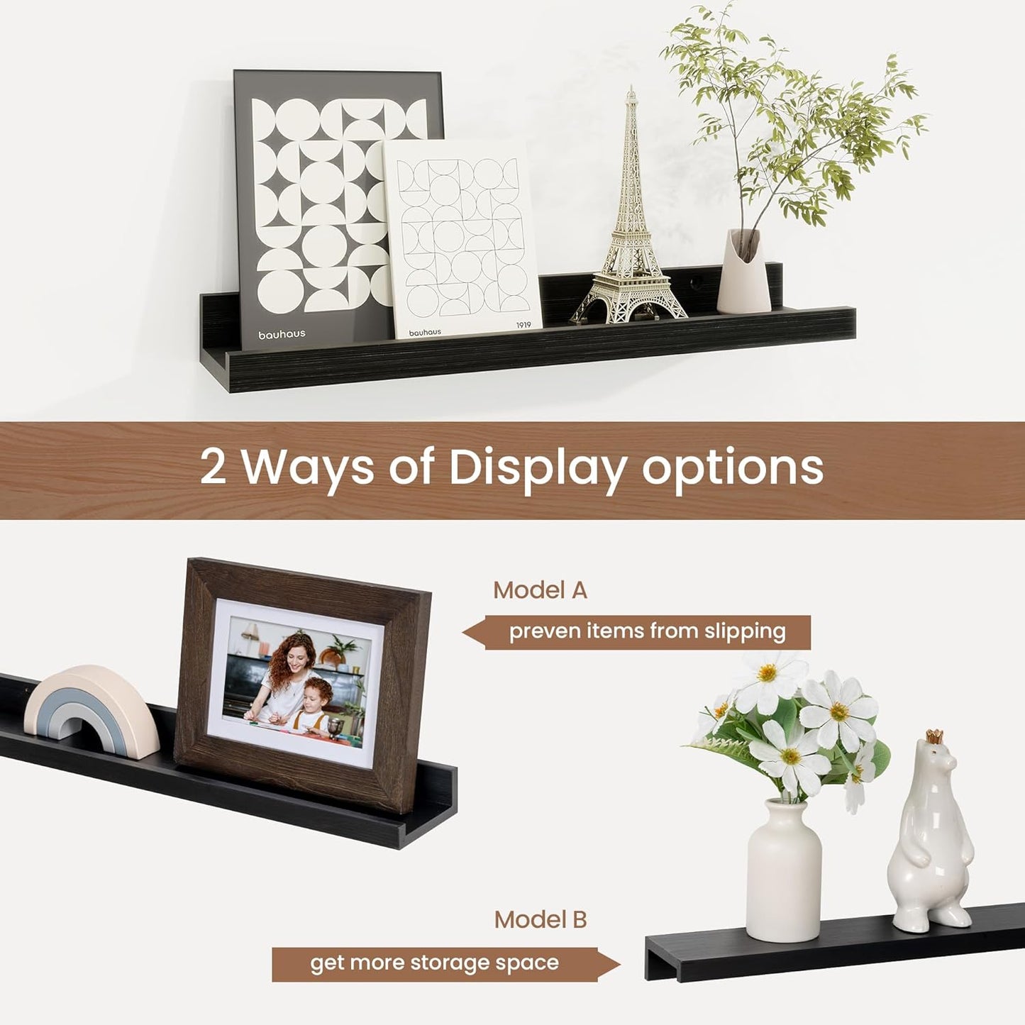 Picture Ledge Shelf, Solid Pine Wood Floating Shelves Set of 4, 16 Inches Nursery Book Shelves for Toys Storage, Kids Bookshelf Wall Mounted for Living Room Decor Photo Frames, Black