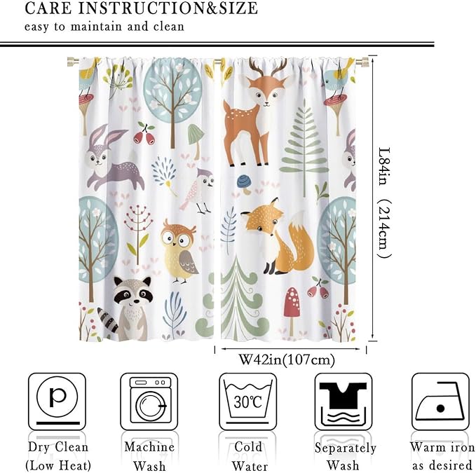 Nursery Safari Animals Curtains, Baby Boy Girl Kids Woodland Jungle Forest Lion Elephant Printed Curtains for Living Room Bedroom Window Drapes 2 Panel Sets52x84 Inch