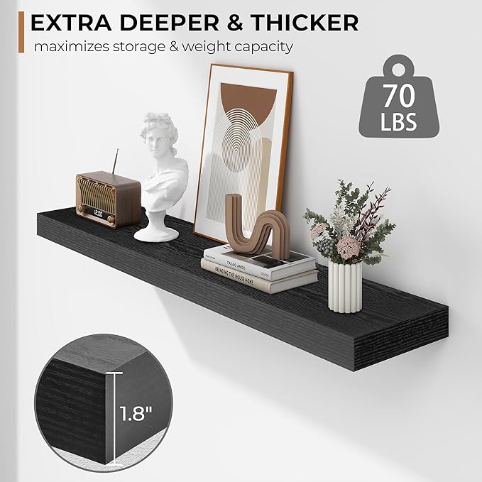 Fun Memories 36 Inch Floating Shelves - Deep Rustic Black Wooden Wall Shelves - Extra Deeper & Thicker Wall Mounted Storage Shelf for Bedroom, Kitchen, Farmhouse - 2 Pack, Rustic Black