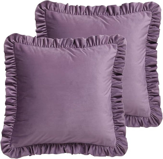 ISAENNE Vintage Light Purple Square Throw Pillow Covers 22"x22" Set of 2, Solid Color Farmhouse Velvet Decoration Pillow Case with Ruffles for Couch Sofa Bed Living Room Car