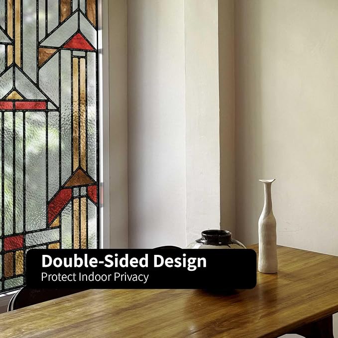 Faux Stained Glass Effect Window Privacy Film, Original Hand Drawn Static Cling Texture Sticker Inspired by Frank Lloyd Wright, 22.83" x114.17" Hollyhock House, Boho