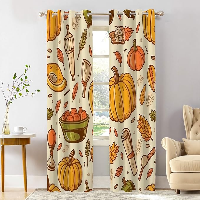 Shrahala Thanksgiving Seamless Pattern Blackout Window Curtains, Pumpkin Apple Pear Leaves Thermal Insulated Curtains Grommet Top Window Drapes for Living Room, Bedroom (2 Panels, 52 x 84 in)