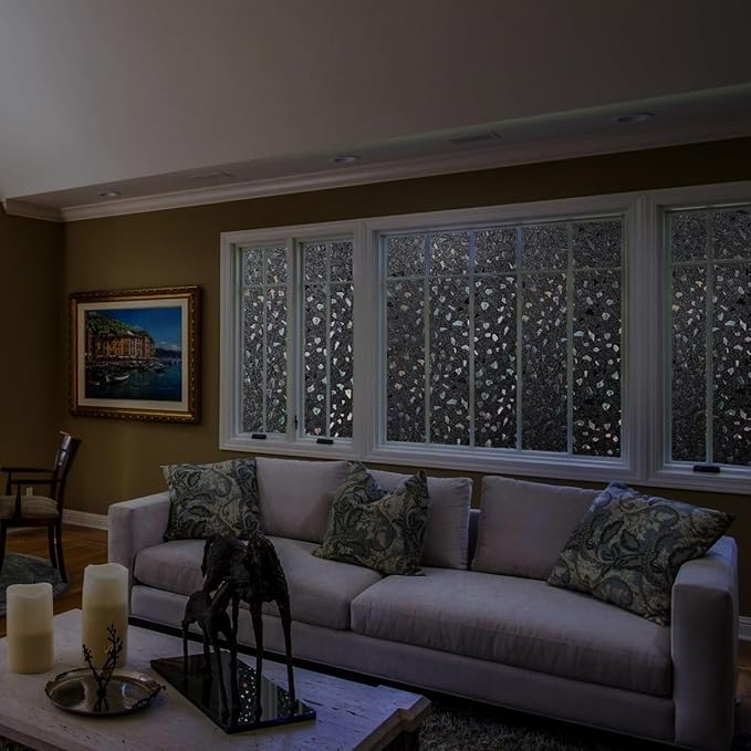 LEMON CLOUD Total Blackout Window Privacy Film,Decorative Window Film, Darkening Frosted Glass Covering 100% Opaque Removable Static Cling for High Privacy, Black Rubble Design(17.5 x 157.4 Inch)