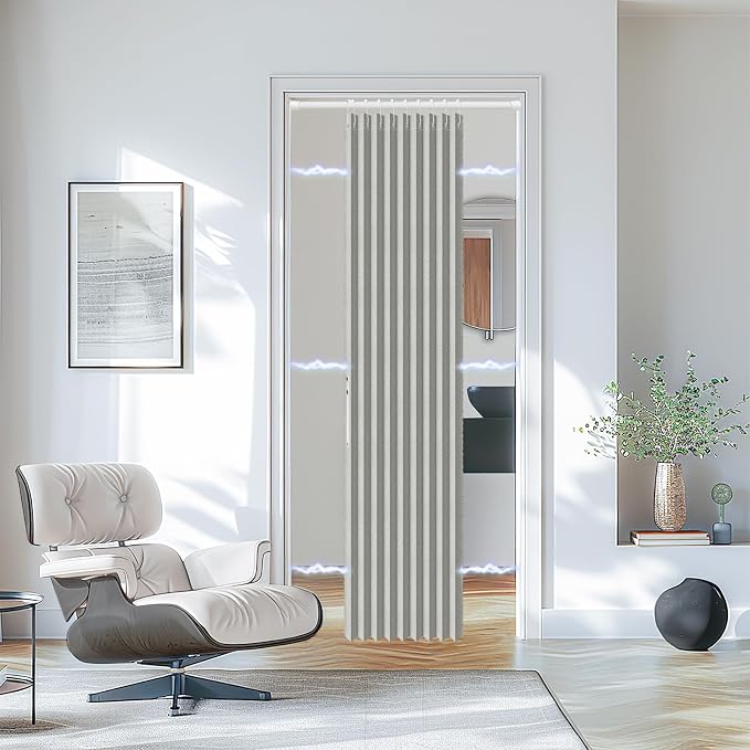 AJAZZ Set: Curtain Rods No Drilling (28-39" W Adjustable Range) & Accordion Door Curtain Grey 42W×78" L, Accordion Doors for Closet Doorway Room Divider