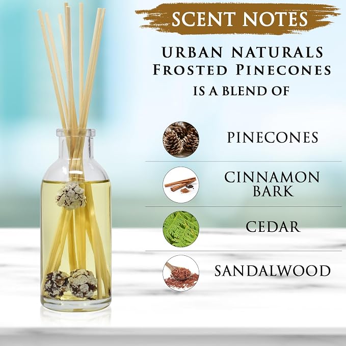 Urban Naturals Reed Diffuser Set, Frosted Pinecones - Bathroom Shelf Décor | Holiday Scented, Pine, Cinnamon, Clove, Cedar wood, Sandalwood and Vanilla Bean Scent Notes