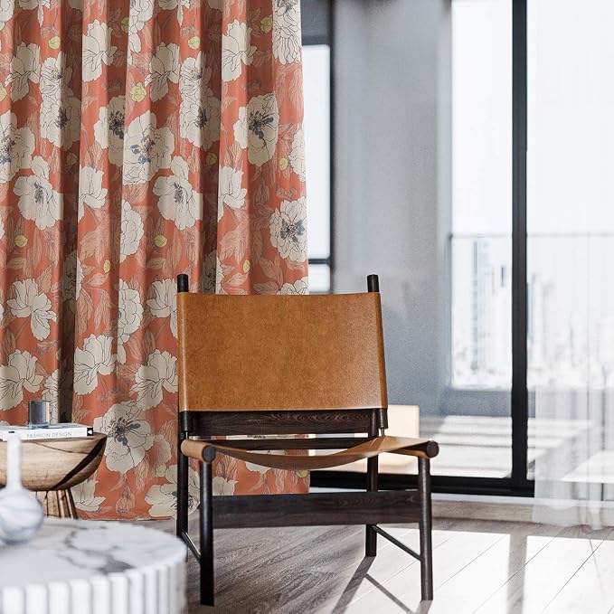 Taisier Home Stylish Faux Linen Curtains for Living Room/Bedroom | Privacy Added Light Reducing Flower Pattern Window Curtain Drapes (2 Panels) Grommet Top, 52x95 Inch, Orange
