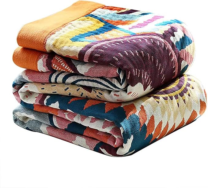 VANJOROY Boho Throw Blanket, 100% Organic Muslin Cotton Skin-friendly Breathable Ultra Soft Bed Quilt Throw - All Season Bohemian Decor Luxury Colorful Blanket for Sofa Couch Chair and Gift. 60" x 80"