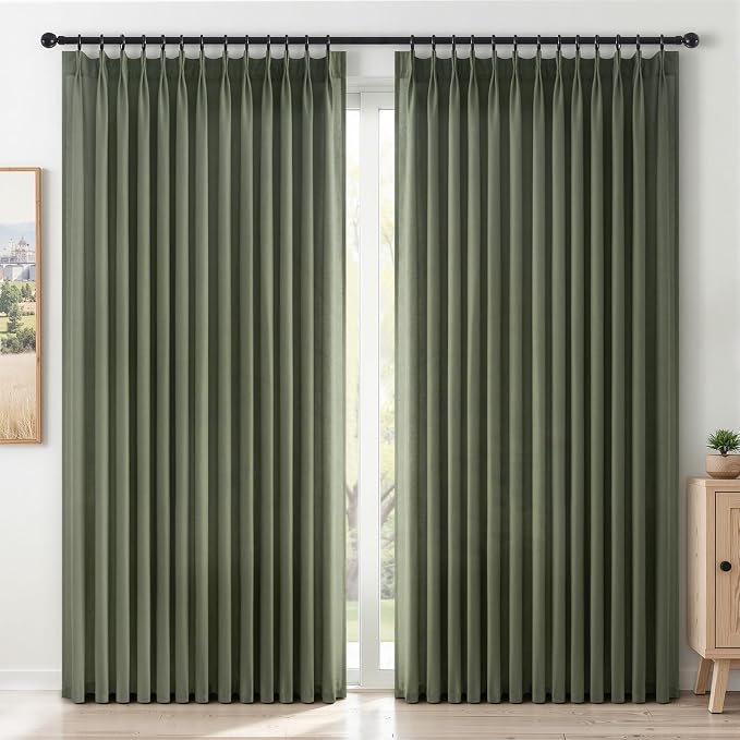Topfinel Olive Green Pinch Pleated Linen Curtains 84 Inch Length 2 Panels for Bedroom Living Room Textured Semi Sheer Window Curtain Boho Neutral Back Tab Pinch Pleat Drape with Hooks 84 Inches Long