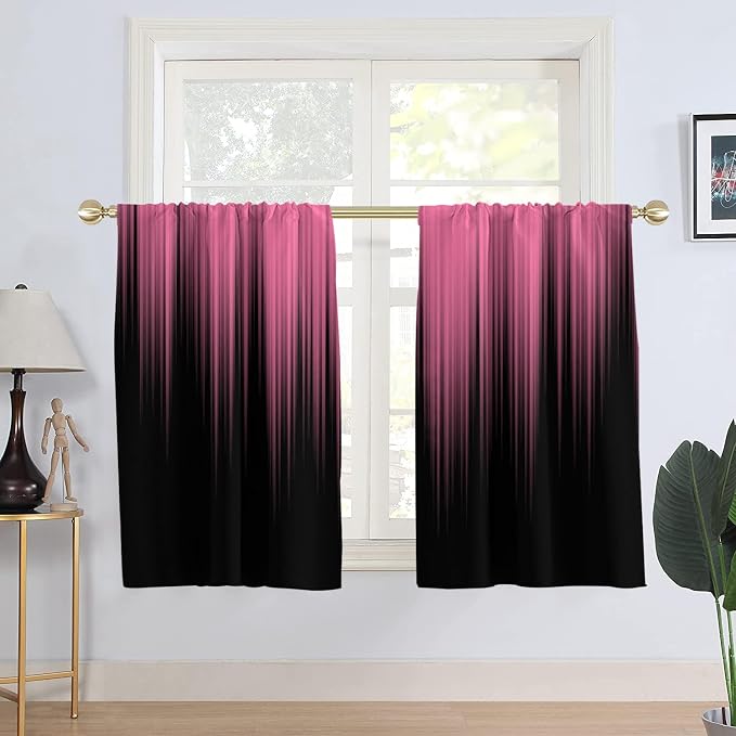 AAtter Pink and Black Kitchen Curtains, Ombre 27.5" W x 45" L, 2 Panels | Gothic Modern Abstract Striped, Cute Preppy Girls Style, Rod Pocket Bathroom Window Drapes, Small Short Tiers for Women