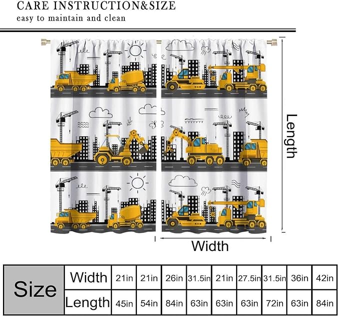Construction Truck Blackout Curtain,for Kids Boys Girls Room Cartoon Tractor Excavator Yellow Cars Curtains Living Room Kitchen Cafe Bedroom Office Nursery Drapes,52x84 in