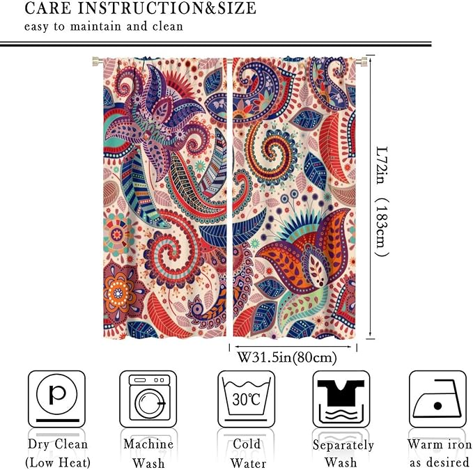 Boho Decorative Curtains Bedroom Living Room Rod Pocket Curtains, Vintage Boho Grill Floral Pattern 2 Panel Set, 63x72 in.