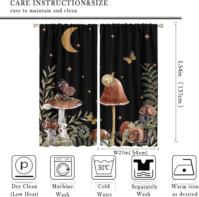 Retro Mushroom Blackout Curtains,Snail Butterfly Window Drapes,Boho Night Plants Leaves Moon Star Botanical for Living Room Kitchen Bedroom,Black Background 42x54 Inch
