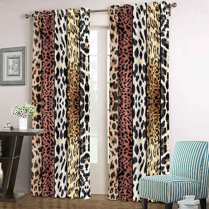 Wild Animal Print Curtain, Room Darkening Thermal Insulated Blackout Leopard Boa Window Drapes with Grommets for Living, Dining, Bedroom, Brown Leopard Print, 52"x 90", 2 Panels