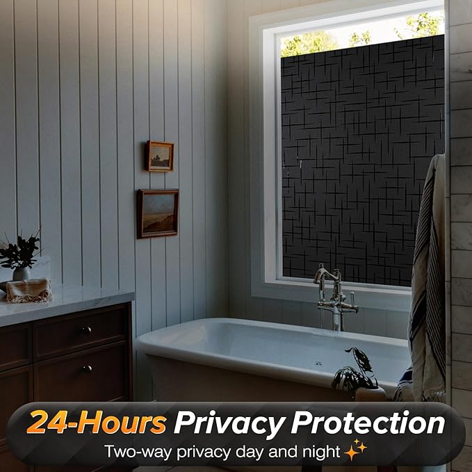 rabbitgoo Blackout Window Film, Sun Light Blocking Room Darkening Privacy Window Cover, Removable Day Sleep Black Out Shades Tint for Home Frosted Glass Film, 3D Cross, Black, 35.4" x 78.5"
