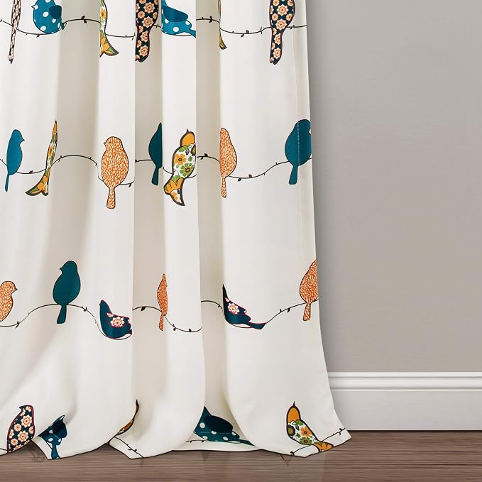 Lush Decor Rowley Birds Light Filtering Curtains 52"x95", Multi - Decorative Panels w/Colorful Floral & Whimsical Bird Print for Bedroom, Living Room or Dining Room (Pack of 8)