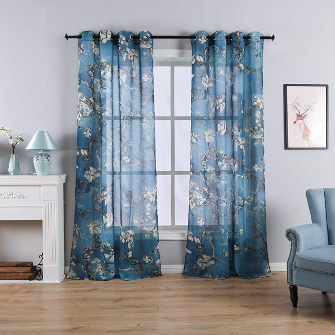 Taisier Home Apricot Blossom Sheer Curtains Printed,Vintage Blue Curtain Drapes for Bedroom/Nursery Elegant Decorative Curtains 2 Panels Set,Ring Top Style Print Drapes,52" W×63”L