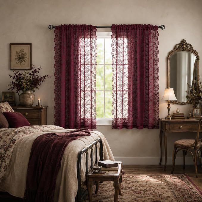 YJ YANJUN Vintage Lace Curtains 63 Inch Length 2 Panels- Burgundy Sheer Curtains for Dining Room Kitchen Bedroom Scalloped Edges Romantic Floral Window Treatment Light Filtering 52"W x 63"L Dark Wine