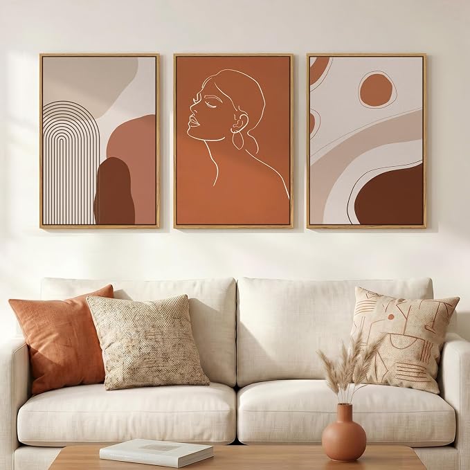 Framed Mid Century Modern Boho Wall Art for Living Room, 3 Piece Abstract Minimalist Line Canvas Artwork for Walls, Large Terracotta Tones Prints Paintings for Bedroom Hallway Wall Decor, 16x24 Inch