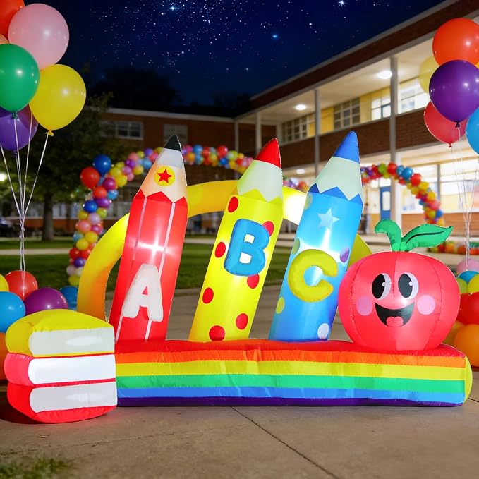 DomKom 8FT Kindergarten Graduation Decorations Crayon Yard,Back to School Inflatable Decoration Red Apple & Book LED Lights Backdrop for 2026 Graduate School Party Decor,Holiday Party Garden Lawn