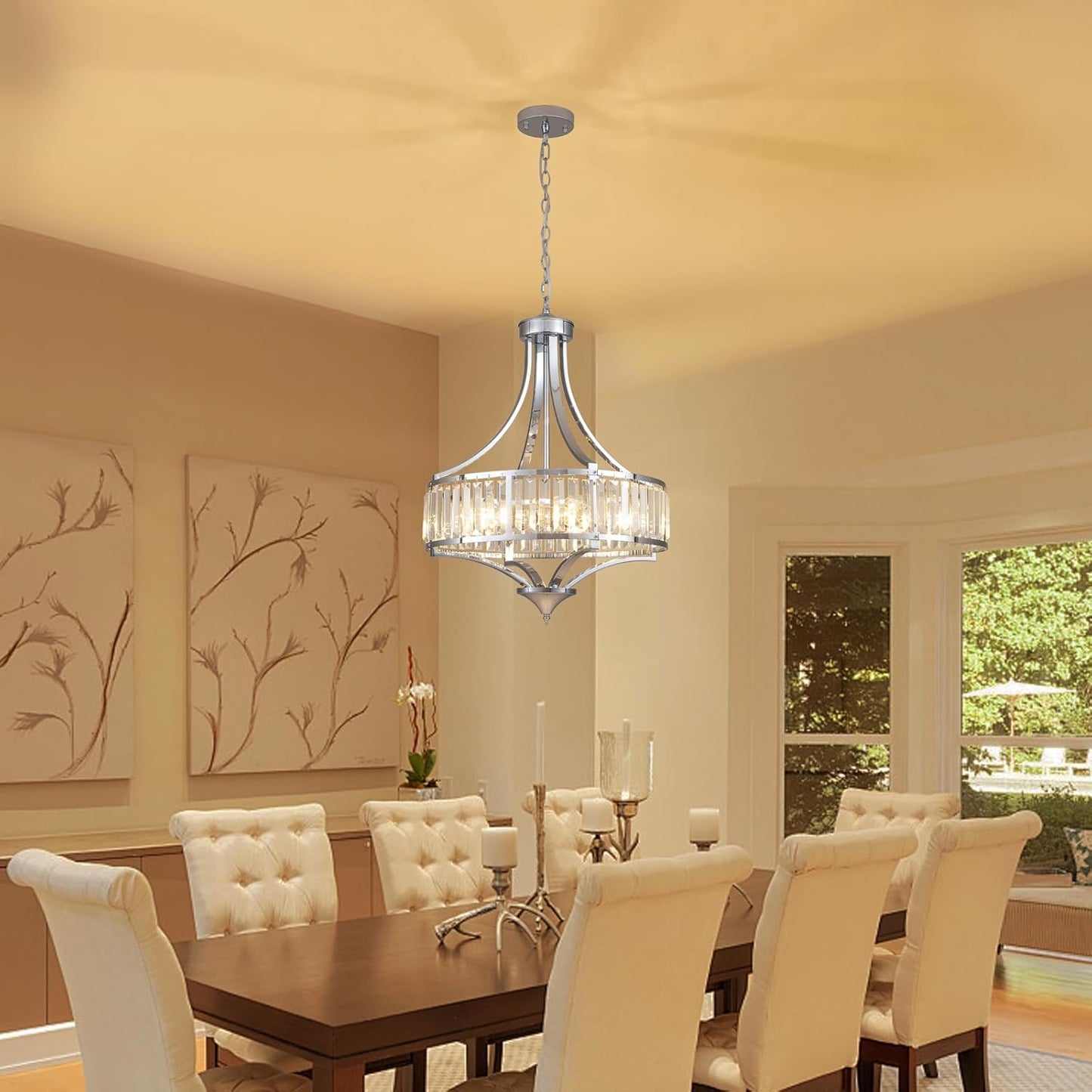 Modern Chrome Crystal Chandelier, 20 Inch Large Ceiling Pendant Light Fixture with 50'' Adjustable Hanging Chain, 5-Light Farmhouse Chandelier for Dining Room, Living Room, Bedroom, Entryway