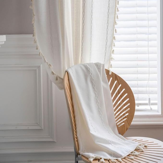 Boho Curtains Semi-Blackout 84 Inch 2 Panels for Living Room, Linen Tassels Farmhouse Curtains with Embroidery for Bedroom Rod Pocket Draperies 52" W x 84" L, Off White