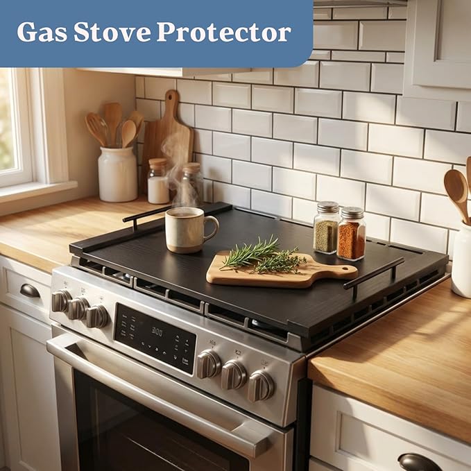 Black Stove Top Cover for Gas & Electric Range | 30"x22" Wooden Noodle Board with Handles | Multi-Layered Wood Kitchen Space Saver
