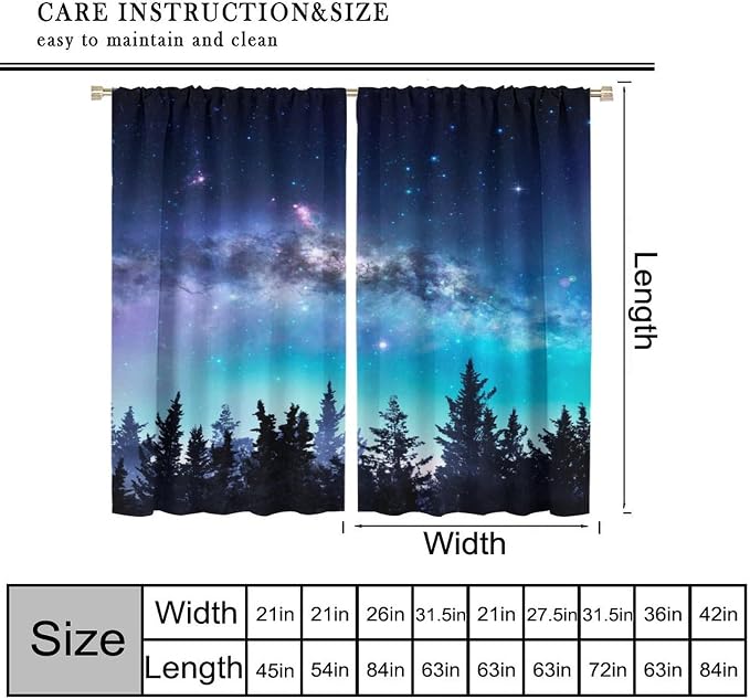 Forest Night Sky Curtains for Kitchen,Rustic North Star Moonlight Decor, Starry Moon Galaxy Nature Window Drapes Print for Boys Girls Bedroom Living Room 42x45in （No Blackout）