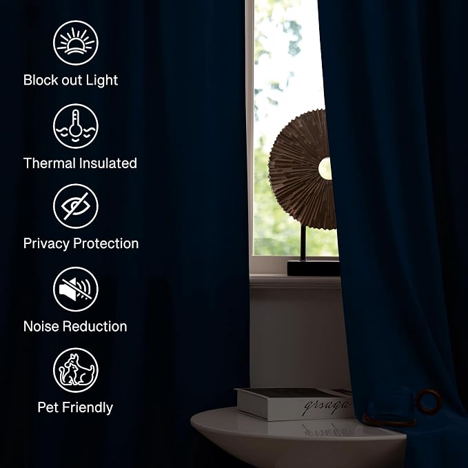 StangH Navy Blue Velvet Curtains - Elegant Thick Velvet Texture Blackout Window Drapes with Rod Pocket for Kitchen/Study Room, W52 x L63 inch Per Panel, Set of 2