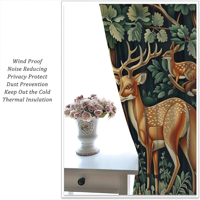 William Morris Blackout Curtains, Retro Forest Deer Animal Rustic Farmhous Window Drapes, for Bedroom Living Room 55" W X 63" L
