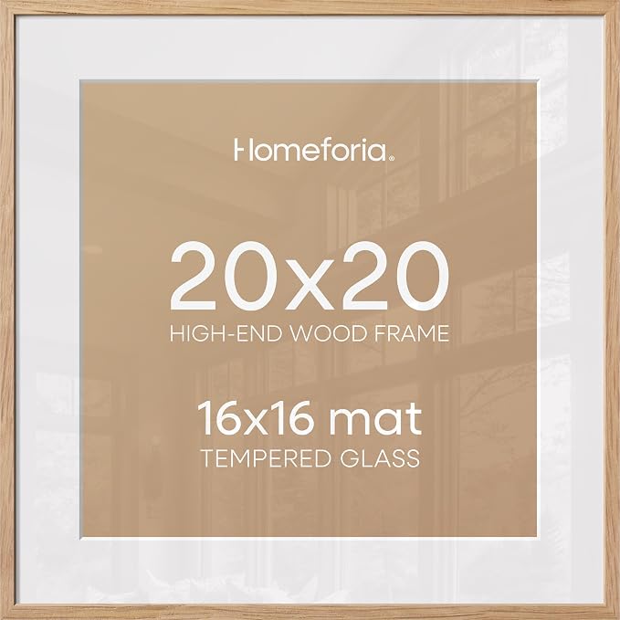 Homeforia 20x20 Wood Picture Frame, High End Natural Oak 20 x 20 Square Light Wooden Frames with Mat 16 by 16 inch Photo, 20by20 Poster Frames Matted to 16x16 Print, Tempered Glass, Wall Kit, Set of 3