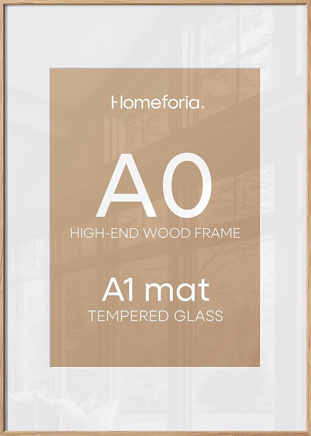 Homeforia A0 Poster Frame Natural Wood, High End Oak 33.1 x 46.8 Large Wooden Picture Frames Matted to 23.4 by 33.1 for Photo, A0 Size Light Wood Frames with Mat A1, Tempered Glass, Wall Kit, Set of 2