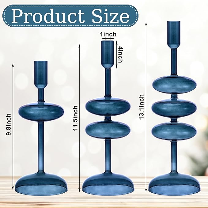 LemonRoad Glass Taper Candle Holders Set of 3, Bubble Candlestick Holders for Table Centerpiece, Elegant Wavy Stacked Geometric Candleholders for Wedding, Dinner, Party, Home Decor(Deep Blue)