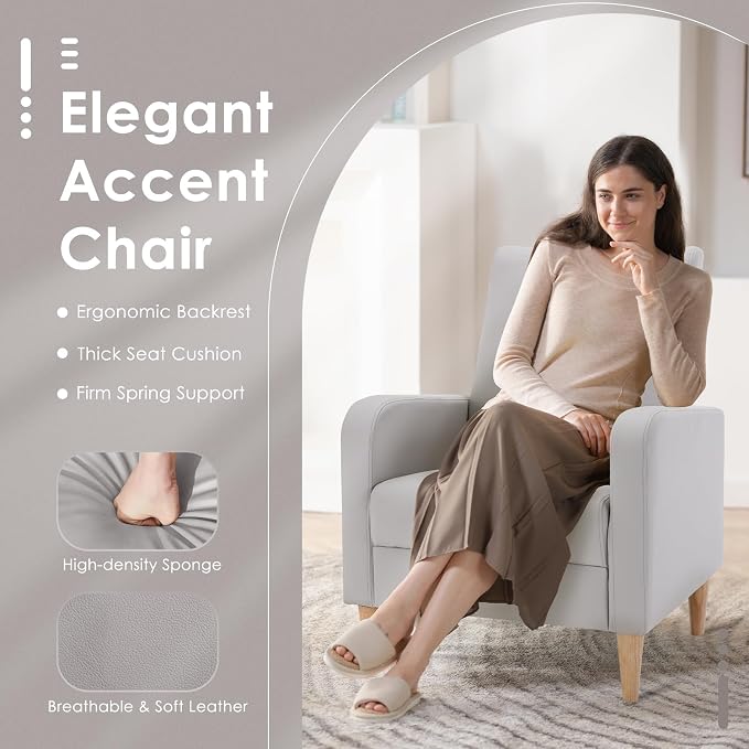 COLAMY Mid-Century Modern Accent Chair, Faux Leather Upholstered Living Room Chair with Back Pillow & Solid Wood Legs, Comfy Armchair for Living Room, Bedroom, Single Sofa, Light Grey