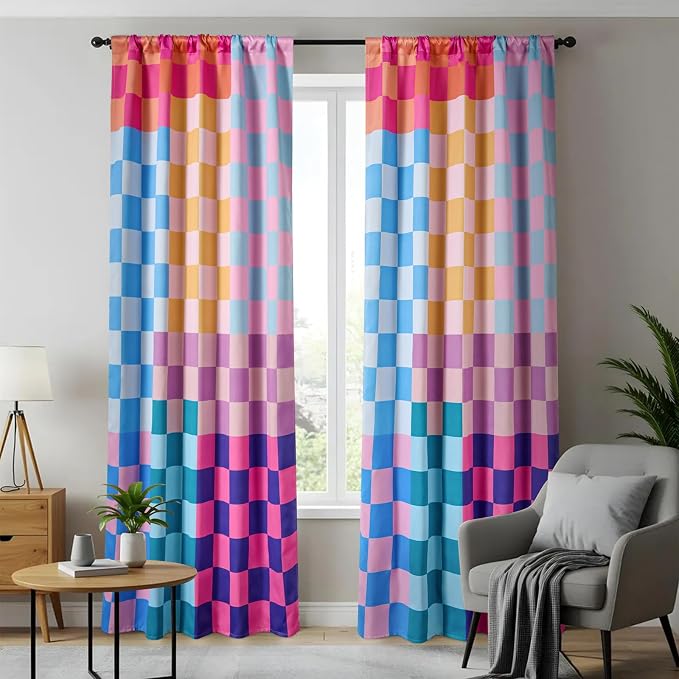 RoomTalks Multicolored Checkerboard Blackout Window Curtains for Bedroom Living Room 96 Inches Length 2 Panels, Mid Century Modern Aesthetic Curtain Panels Colorful Vibrant Checkered Window Drapes
