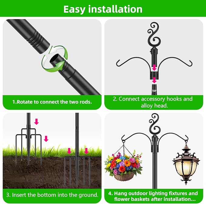 10 Ft Height 1 Inch Diameter String Light Poles StringLight Stand with Hooks Metal Poles for Outside Patio Yard Garden Backyard (10Ft Pole with Hooks, 2)