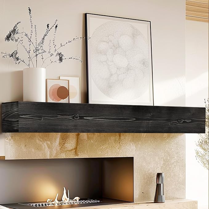 Fireplace Mantel Handmade, 6'' Thick Wall Decor Long Floating Shelf, 72inch Rustic Wood Shelf with Invisible Brackets, Black
