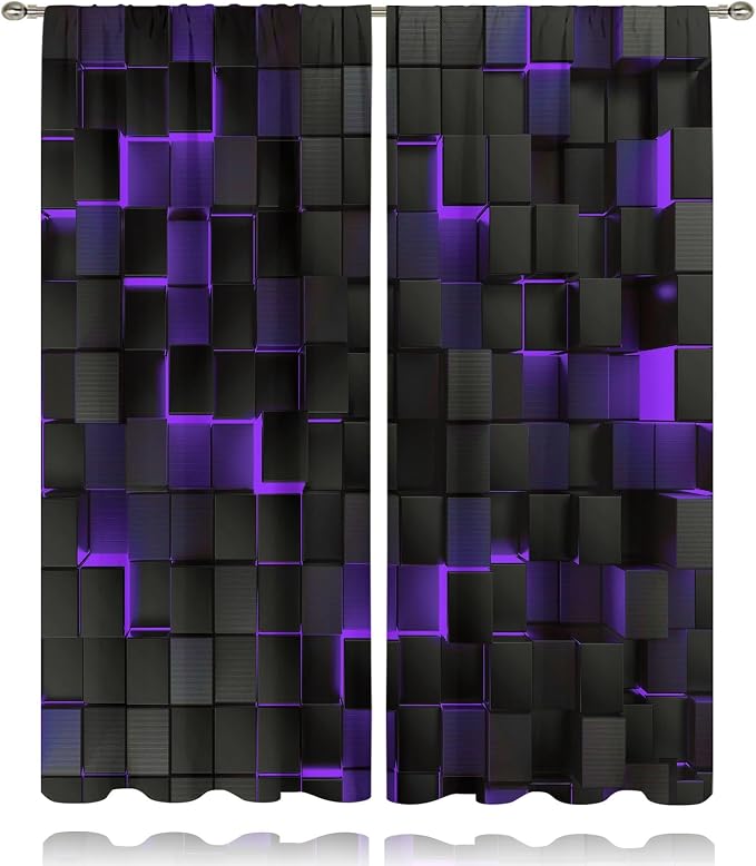 MESHELLY Abstract Black Purple Curtains 52Wx84H Inch Rod Pocket Modern 3D Gradient Design Futuristic Geometric Cubes Bedroom Window Drapes Man Boys Minimalist Printed Living Room Window Treatment