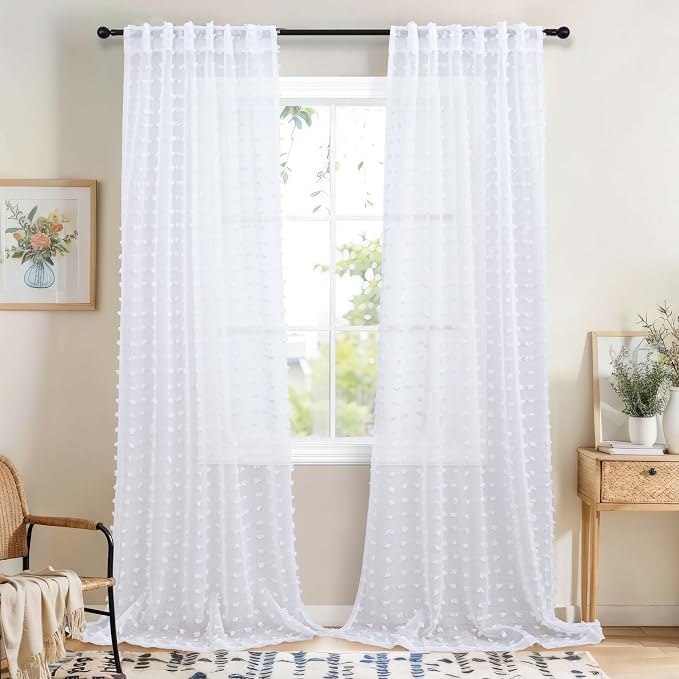White Sheer Curtains for Bedroom Living Room Nursery 102 Inches Long White Pom Pom Tufted Windows Drape Pretty Beautiful Chic Style Farmhouse Boho Semi Sheer Curtain Back Tab 2 Panels 102 Inch Length