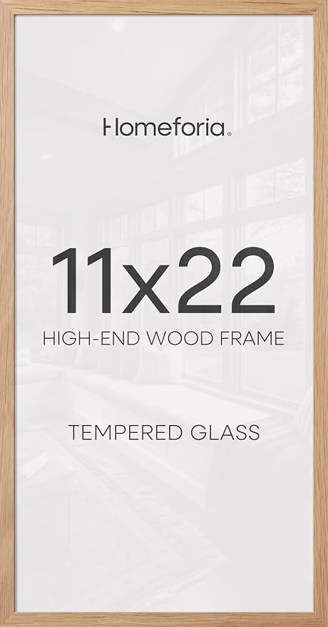 Homeforia 11x22 Newspaper Frame Wooden, High End Natural Oak 11 x 22 Picture Frame Light Wood without Mat, 22x11 Poster Frames for Wall, 11by22 Display Photo Frames, Tempered Glass, Wall Kit, Set of 1