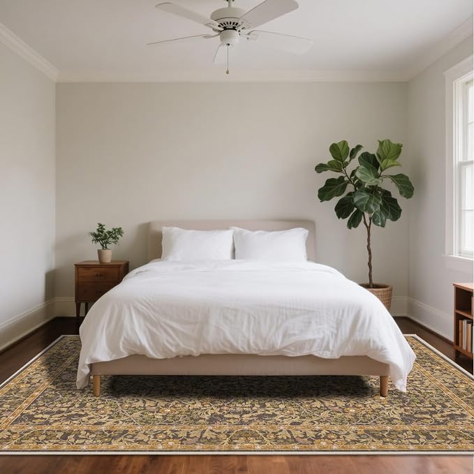 8x10 Washable Area Rugs for Living Room, Stain Resistant Vintage Rugs for Dining Room Under Kitchen Table, Bedroom, Floral Low Pile Non-Slip Large Carpet (8 x 10 Goldenrod)